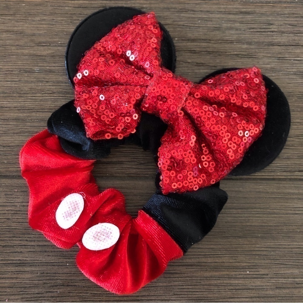 Red and black velvet and sequin Mickey ear hair scrunchie